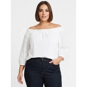MICHAEL KORS White Eyelet Off Shoulder Blouse 1X Plus Size Smocked Top NWT Boho